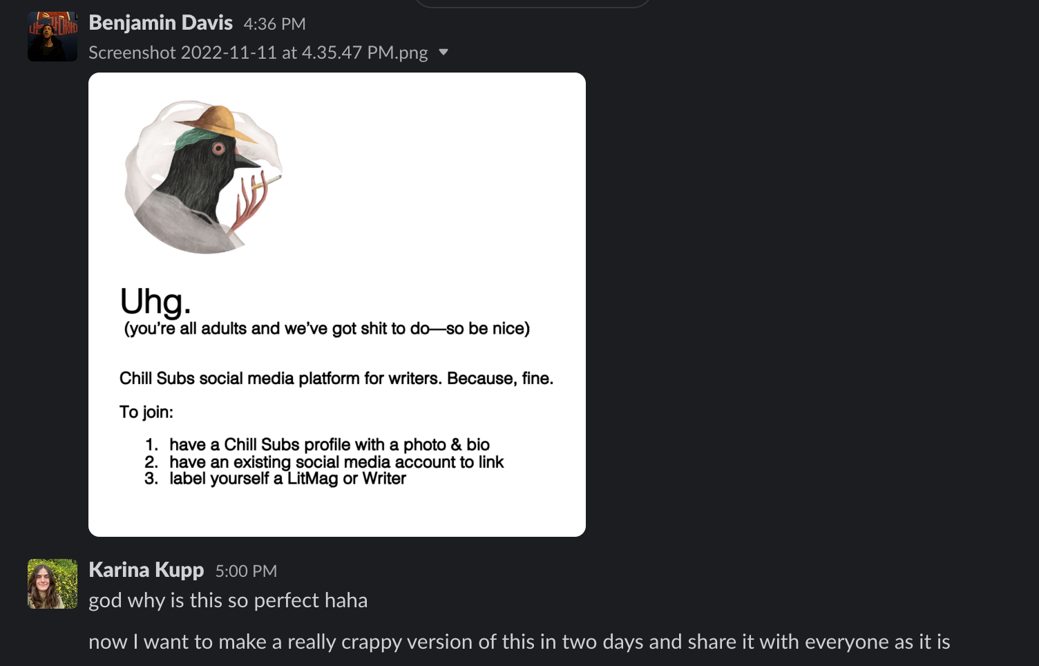 [ugh] creation story in screenshots: Ben sends Karina a proposed logo (a smoking pigeon wearing a hat) and a slogan.