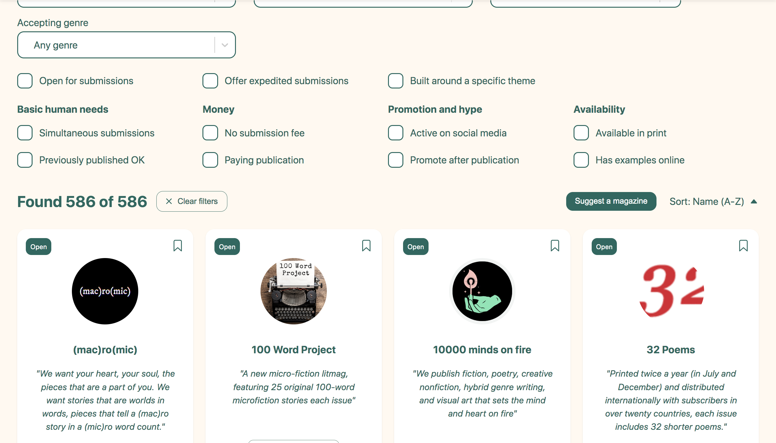 Free database of 2000+ literary magazines to submit to